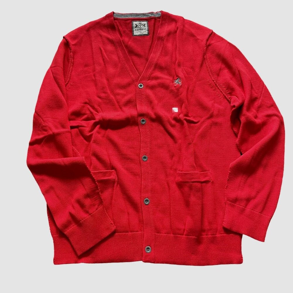 Mens Express Button Down Cardigan Red Knit Sweater Size XL Pockets u